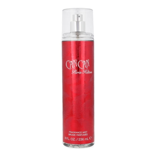 perfume dama paris hilton can can dama body mist paris hilton 236 ml spray can can 236ml body mist spray Frasco cilíndrico frontal de 236 ml en tono rosa rojizo con tapa transparente, atomizador plateado visible y texto blanco 'CAN CAN Paris Hilton'; cuerpo con relieve floral y leyenda 'FRAGRANCE MIST' y '8 FL. OZ. / 236 mL'.