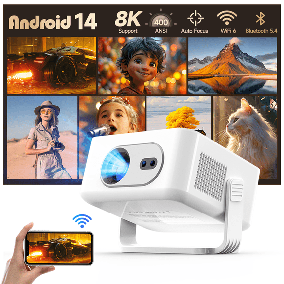 Magcubic Proyector Inteligente Android 14 4K y 8K, Proyector Portátil con WiFi 6 y BT 5.4, Enfoque Automático y Tecla Vertical, Giratorio a 180°, Mini Proyector para Exteriores y Hogar HY300Max