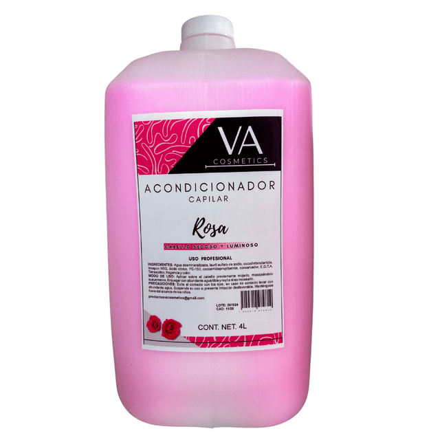 acondicionador rosa 4 litros uso profesional de belleza va botella plástica frontal de 4 L con líquido rosa y etiqueta blanca/rosa que muestra logo VA Cosmetics y texto "Acondicionador Capilar Rosa"; tapa blanca en la parte superior, fondo blanco; ideal para hidratación capilar en salones y a menudo usado para recargar dispensadores grandes en estaciones de estilismo.