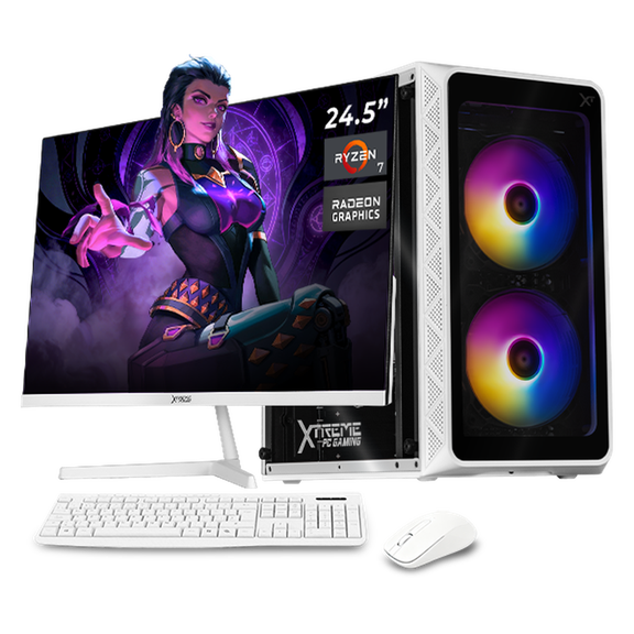 Computadora Escritorio Completa Xtreme PC Gaming AMD Radeon Vega Renoir Ryzen 7 5700G 16GB SSD 1TB Monitor 24.5 100Hz WIFI White juegos casuales, trabajo y estudio