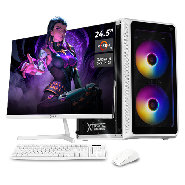 computadora escritorio completa xtreme pc gaming amd radeon vega renoir ryzen 7 5700g 16gb ssd 1tb monitor 24.5 100hz wifi white Vista 3/4 de torre blanca con panel frontal de vidrio y dos ventiladores ARGB visibles, monitor 24.5" Full HD 100Hz mostrando arte de videojuego, teclado y mouse blancos; etiqueta visible Ryzen 7 y Radeon Vega. Equipo orientado a multitarea ligera, estudio y juegos casuales; también suele usarse para emulación y streaming básico.