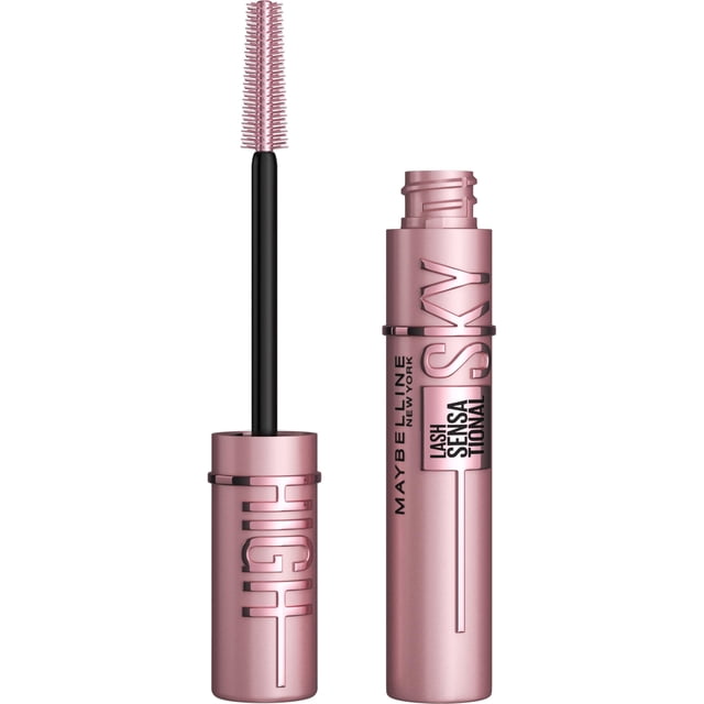 máscara maybelline lash sensational sky high, lavable, marrón — tubo metálico rosa con texto 'SKY HIGH', varita desenroscada con cepillo Flex Tower de cerdas cortas y aplicador negro; fórmula con fibras de bambú según especificaciones para alargar y dar volumen a las pestañas, 1 unidad; a menudo usada para definir pestañas inferiores.