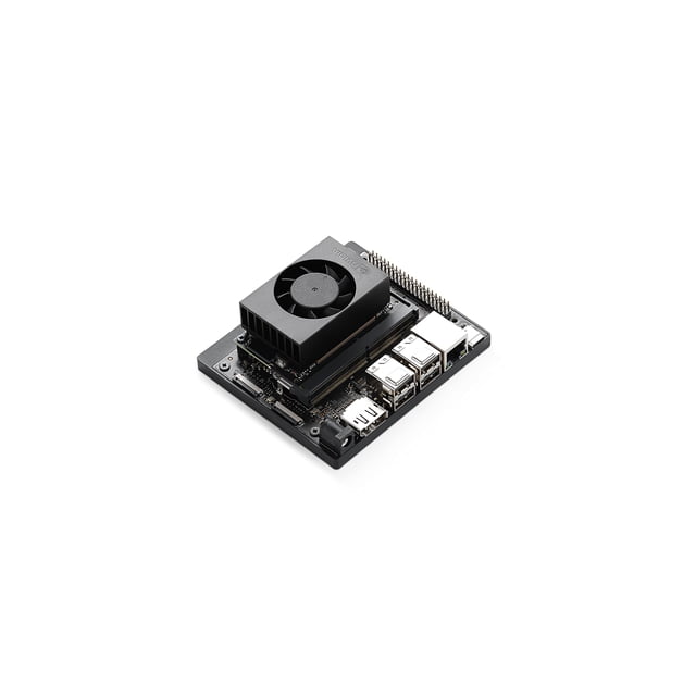 kit de desarrollo nvidia jetson orin nano de 8 gb vista 3/4 frontal de la placa negra con disipador y ventilador cuadrado, puertos USB y HDMI visibles, header de pines GPIO y módulo de memoria montado; suitable para prototipos de visión por computadora y aprendizaje automático ligero.