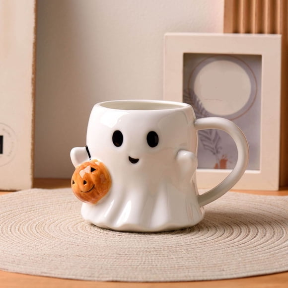 Taza de Cerámica con Forma de Fantasma de Calabaza de Halloween de 600 Ml | Taza de Café de Halloween con Asa Resistente | Vasos con Forma de Fantasma Festivo | Decoración para Fiestas de Halloween |