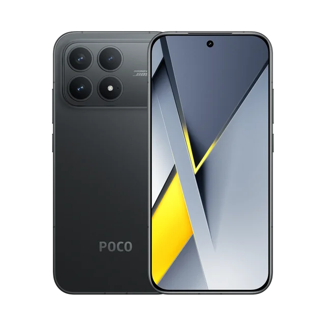 smartphone xiaomi poco f8 pro versión global 512gb 12gb ram dual sim 6.59" amoled snapdragon® 8 elite 120hz 6210mah 100w nfc hypercharge,negro Vista frontal y posterior 3/4; dispositivo negro con pantalla AMOLED de 6.59" y orificio central para cámara frontal, módulo trasero con cuatro elementos (tres lentes y flash) y logotipo POCO en la parte inferior; marco microcurvado y acabado mate, fondo neutro; apto para gaming y multimedia.