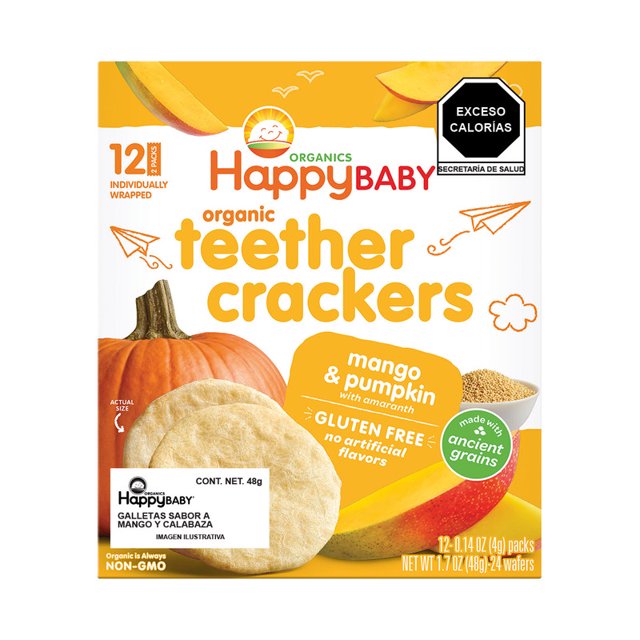 happy baby teethers galleta sabor mango y calabaza con amaranto (6 x 12 pack) Caja frontal con logotipo Happy Family, diseño blanco y amarillo que muestra una calabaza, rodaja de mango y dos galletas redondas; indica 6 paquetes de 12 obleas de 4 g c/u y etiqueta de 'Exceso Calorías'.