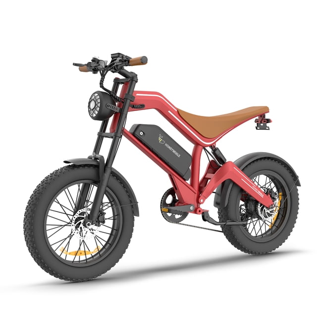 bicicleta eléctrica honey whale k6 pro rojo 3/4 frontal con cuadro de aluminio rojo y batería 48v integrada en el tubo, asiento marrón estilo café, llantas 20” con neumáticos anchos, horquilla y guardabarros negros, faro frontal redondo y frenos de disco; motor 850W y autonomía 50–60 km, suitable para movilidad urbana y paseos recreativos.