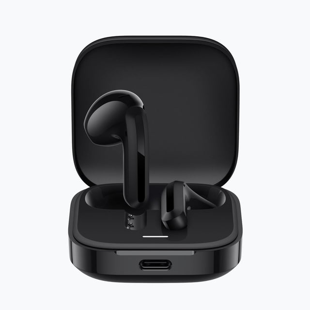 auriculares xiaomi redmi buds 6 active bluetooth 5.4 Auriculares inalámbricos negros en estuche de carga abierto, vista frontal centrada; diseño intraural con tallo corto y acabado brillante, puerto USB-C e indicador LED visibles. Compatible con ecualizador en la app y doble micrófono para mayor claridad de voz; también adecuados para audio portátil.