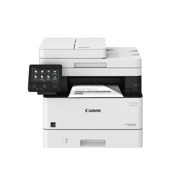 impresora multifuncional canon d1620, laser, 7500 páginas por mes, 45 ppm, 600 x 600 dpi, 1 gb vista frontal de la multifuncional Canon D1620 en blanco con bandeja inferior cerrada, panel táctil inclinado a la izquierda, alimentador automático superior y hoja saliendo; ideal para imprimir manuales y copias de oficina de alto volumen.