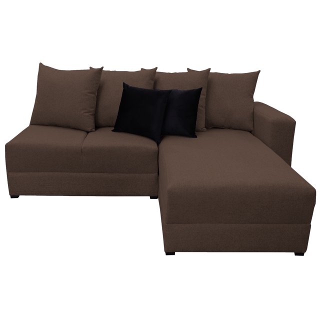 sala esquinera modular el bazar store orlando chocolate 200x160 cm moderna en esquina vista frontal 3/4 con chaise longue a la derecha; tapicería en lino nacional color chocolate, cojines traseros y decorativos desplegables incluidos, asientos con hule espuma de alta densidad y delcron, estructura de pino en base visible; medidas 200 cm largo x 160 cm ancho x 85 cm alto x 80 cm profundidad.