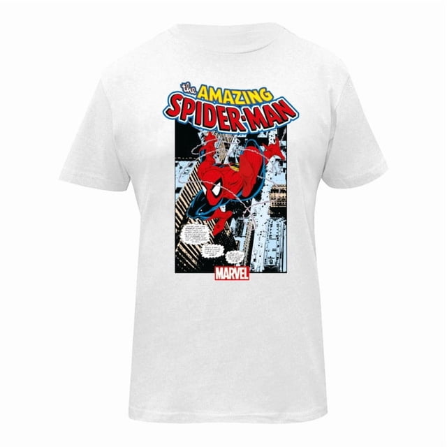 playera de marvel para caballero, con estampados de spiderman y frases blanco talla m camiseta blanca talla M con estampado frontal tipo cómic de Spider-Man en rojo, negro y azul, texto 'The Amazing Spider-Man' y logo Marvel, cuello redondo y corte recto, estilo casual y versátil; también suele usarse para looks urbanos y de fin de semana.