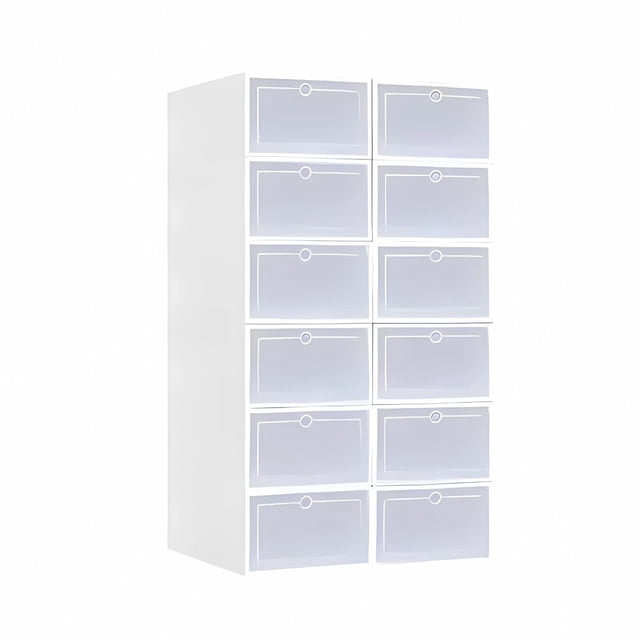 cajas organizadoras para calzado zapados tenis zapatillas zapatera apilable color blanco set de 12, torre 3/4 con puertas frontales transparentes que permiten ver y acceder al calzado, estructura de plástico blanco con conectores integrados para apilar vertical u horizontalmente y marco rígido, aptas para tenis, tacones y sandalias; también suelen usarse para guardar accesorios de viaje o organizar separados del armario.