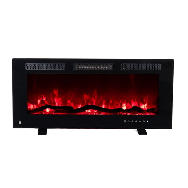 calefactor avera tipo chimenea luz led ajustable wifi cal05 negro, vista frontal centrada con efecto de llama roja en pantalla, marco inferior con panel táctil y botones visibles, rejillas superiores y bases de apoyo; mide 47 cm de ancho (42") y 107 cm de alto, compatible con control remoto y WiFi para ambientes hasta 35 m2; a menudo se usa también como elemento decorativo luminoso en salones.