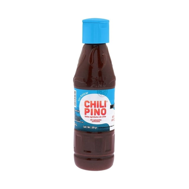 chamoy chilipino sin azucar 380 g botella de chamoy agridulce, vista frontal centrada de envase plástico con tapa azul y etiqueta azul y blanca con marca CHILIPINO; salsa roja oscura para fruta y botanas, también apta para raspados y paletas.