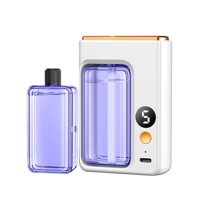 xihbxyly dispensador automático de aromas control digital inteligente, compacto blanco para pared o escritorio con pantalla numérica, botón naranja y puerto de carga; botella de fragancia transparente violeta y tapa superior dorada; ideal para dormitorio y también apto para ambientar armarios pequeños.