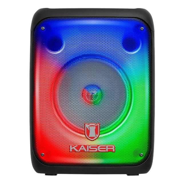 bocina bluetooth kaiser ksw-7006 8 pulgadas 20 w rms multicolor, vista frontal centrada con rejilla metálica que muestra woofer de 8" y luces LED RGB en rojo, azul y verde, logo Kaiser en la parte inferior y carcasa negra; ideal para fiestas y a menudo usada como monitor portátil para pequeñas reuniones.
