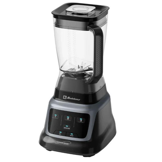 licuadora silenciosa koblenz lkm-9404 pro 3 vel tritan 2l negra, vista frontal centrada de base con panel touch screen y vaso Tritán de 2 L con asa; botones para 3 velocidades, programa smoothie, pulso y encendido, cuchillas de 6 aspas visibles, tapa medidora con apertura, diseño de vórtices y candado de seguridad; ideal para smoothies, jugos y triturar hielo.