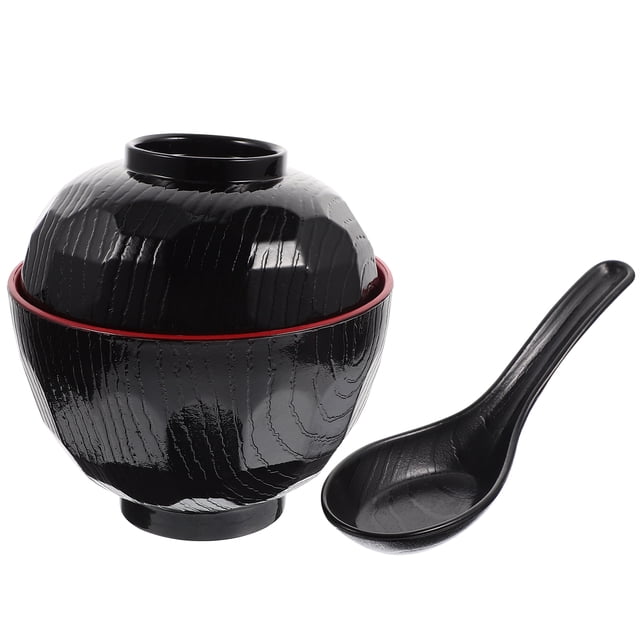 brightfufu 1 juego de tazón de sopa de miso japonés con cuchara de tazón de arroz con estilo japonés tazón de sopa de miso cubierto — Vista frontal centrada de tazón negro de melamina con textura tipo veta de madera y borde interior rojo, tapa cóncava colocada encima; a la derecha cuchara larga negra de melamina. Medidas: tazón 10.5 cm, cuchara 13 cm. Adecuado para sopa de miso, arroz o aperitivos; suele usarse también para sopas pequeñas.