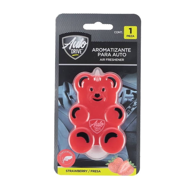 aromatizante para auto auto drive para auto con forma de oso rojo aromatizante en forma de oso rojo Auto Drive, vista frontal centrada en empaque blister; figura plástica roja con orificio superior para colgar, huecos decorativos y logotipo Auto Drive en el pecho, etiqueta indica aroma fresa y aroma duradero, elimina malos olores; también apto para decorar espacios pequeños del vehículo.
