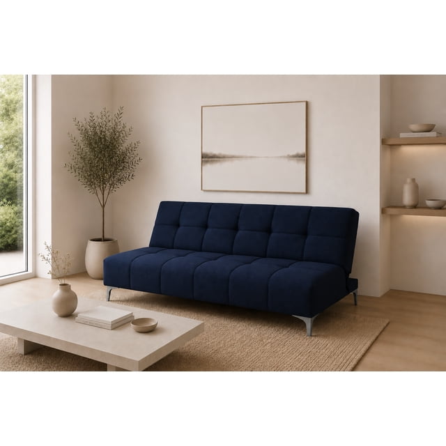 sofa cama reclinable el bazar store new york azul marino futon 3 posiciones love seat, vista frontal 3/4 de sofá cama azul marino tapizado en lino nacional con acabado abotonado y costuras en cuadrícula, silueta love seat con asiento acolchonado en hule espuma de alta densidad sobre patas metálicas cromadas (patas se instalan por separado); medidas 170 cm largo x 80 cm profundidad x 75 cm altura; ambientado en sala minimalista, también adecuado para cuarto de estudio o visitas inesperadas.