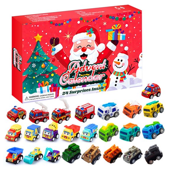 Calendario de Adviento navideño con 24 sorpresas para niños, caja de regalo sorpresa con calendario de cuenta regresiva: 24 vehículos de construcción extraíbles diferentes.