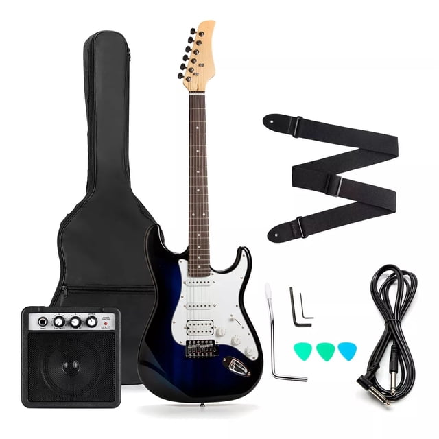 guitarra eléctrica femmto con amplificador y accesorios Azul, vista frontal centrada estilo Strato con cuerpo laqueado azul degradado, mástil de arce y diapasón oscuro, escala de 648 mm y 22 trastes; incluye mini amplificador MA-5 de 5 W con controles de volumen, tono y overdrive, funda 600D, correa, cable 6,35 mm, palanca de trémolo, 2 llaves Allen, 3 púas y cuerdas extra; adecuada para práctica y grabación casera ligera.