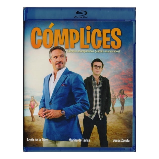 cómplices arath de la torre blu-ray zima pelicula mexicana Nuevo Portada frontal del Blu-ray de cómplices; título grande amarillo en la parte superior, dos hombres en primer plano —uno con saco azul mirando a la izquierda y otro con chamarra oscura y gafas— playa al fondo con figuras femeninas, funda azul de disco y logo de Blu-ray visibles; audio en español, duración aproximada 90 minutos. Suele usarse en colecciones domésticas de películas de comedia.