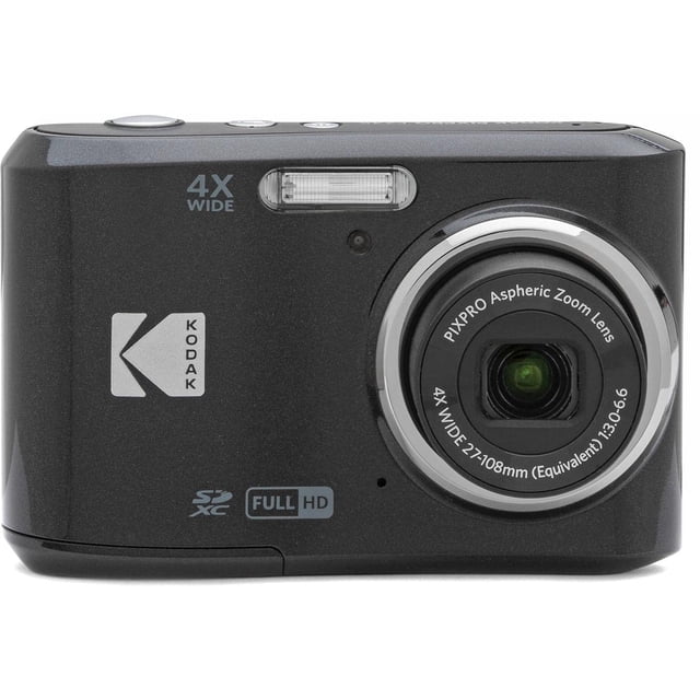 cámara digital kodak pixpro friendly zoom fz45-bk 16mp 4x cámara compacta negra, vista frontal con lente a la derecha y anillo plateado, flash integrado arriba del lente, logotipo Kodak a la izquierda y marcas '4X WIDE', 'SDXC' y 'FULL HD' visibles.