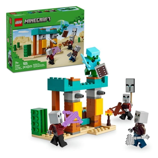 set lego minecraft la patrulla del desierto de los maldeanos 21267 ambientado en un puesto de avanzada del desierto, modelo con muralla baja, 4 minifiguras (Caballero Cactus con armadura y escudo, 3 Illanos), armas, barril con tesoro y misiles lanzables; incluye caja y modelo montado. Es adecuado para juego creativo y también compatible con la app LEGO Builder para ver modelos 3D.