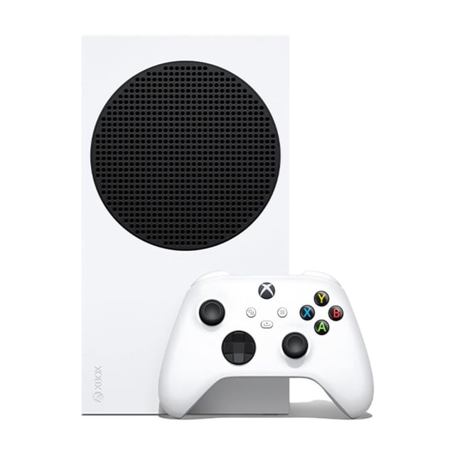 consola microsoft xbox series s 512gb totalmente digital - incluye control inalámbrico xbox - color blanco, vista frontal vertical de la consola blanca compacta con rejilla circular negra grande y control inalámbrico blanco en primer plano; sin lector de discos, SSD de 512 GB, compatible con miles de juegos retro y rendimiento hasta 1440p. Tamaño compacto adecuado para salas o escritorios y suele usarse también para sesiones de juego portátil en casa.