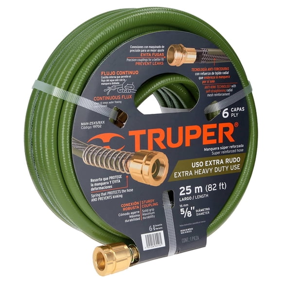 Manguera para jardín 5/8 6 Capas Conexiones Laton 25m Truper Truper MAN-25X5/8XX
