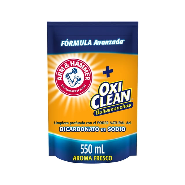 arm & hammer + oxiclean jabón líquido para ropa con quitamanchas 550 ml. fórmula avanzada empaque frontal tipo pouch amarillo y azul con logos Arm & Hammer y OxiClean, texto visible "550 ml" y "Aroma Fresco", menciona poder del bicarbonato de sodio y fórmula baja en espuma; detergente quitamanchas compatible con lavadoras HE.