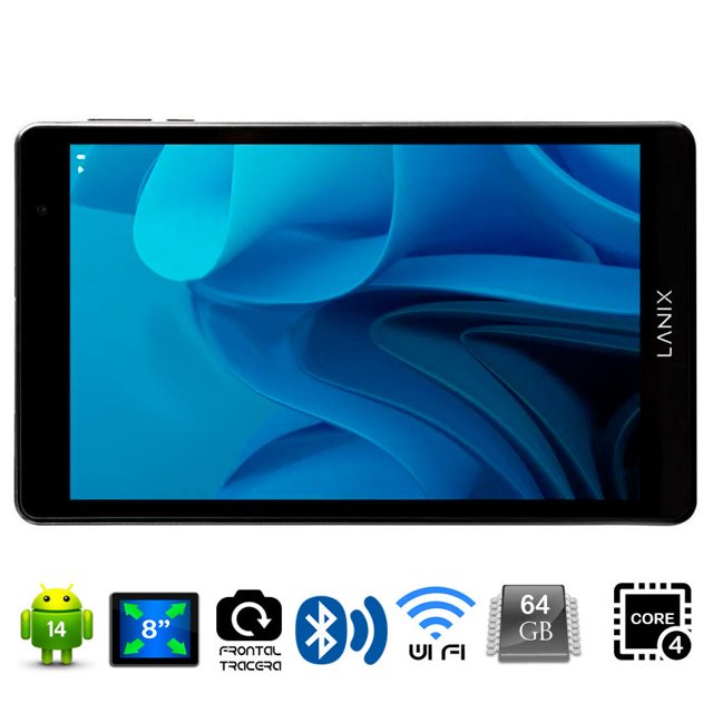 tablet pc 8 lanix Negro, vista frontal horizontal de la tablet con pantalla IPS LED de 8.0" (1280 x 800) mostrando fondo azul, marcos negros y logotipo Lanix en el marco lateral; botones y puertos visibles en el borde superior, especificaciones visibles indicadas: Android 14, Quad-Core hasta 2 GHz, 4GB RAM y 64GB memoria interna. Su tamaño compacto la hace adecuada también para lectura y videollamadas ligeras.