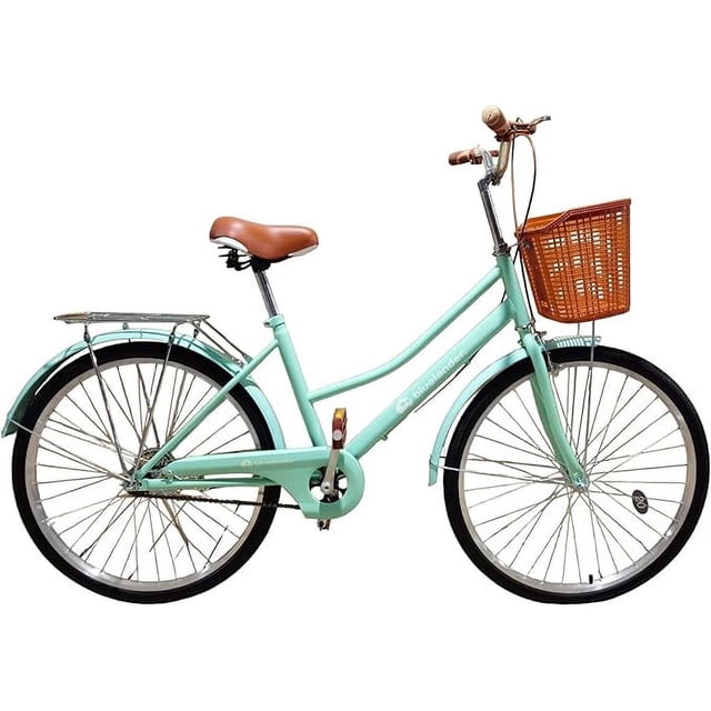 bicicleta urbana bluelander rodada 26 turquesa, vista lateral derecha con cuadro paso bajo de acero, asiento marrón acolchado, canasta frontal, guardabarros delantero y trasero, portaequipaje trasero y amortiguadores frontales; ideal para transporte urbano y paseos.