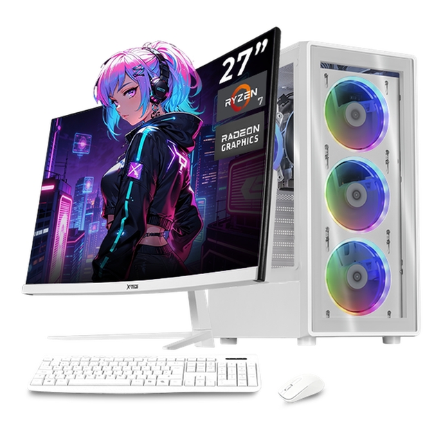 computadora escritorio completa xtreme pc gaming amd radeon vega 8 ryzen 7 5700g 16gb ssd 500gb monitor curvo 27 100hz wifi white Torre blanca con panel frontal acrílico y tres ventiladores RGB visibles, botón de iluminación, monitor curvo 27" Full HD 100Hz, teclado y mouse blancos incluidos; enfocada en multitarea, estudio y juegos casuales, lista para usar con WiFi integrado.