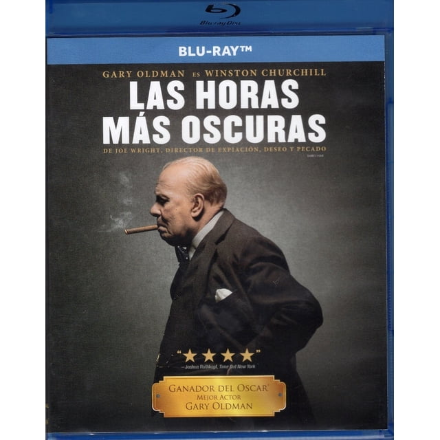 las horas mas oscuras gary oldman pelicula blu-ray universal blu ray Caja Blu-ray frontal con Gary Oldman como Winston Churchill en perfil izquierdo con traje oscuro y puro en la boca; título grande 'LAS HORAS MÁS OSCURAS' arriba, banda azul 'BLU-RAY' superior, sello dorado 'Ganador del Oscar Mejor Actor Gary Oldman' en la parte inferior, fondo gris neutro, carátula de película histórica dramática.