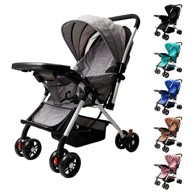 carriola reversible para bebe 2 en 1 plegable Gris Kiddos, vista 3/4 frontal que muestra la carriola convertible a bambineto con asiento acolchonado, capota amplia, arnés de 5 puntos, bandeja frontal, cesta inferior y ruedas delanteras dobles con suspensión; variantes de color en columna derecha; 2 posiciones de reclinado.