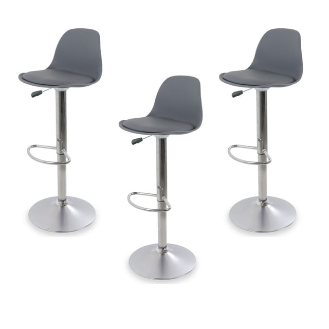 sillas para bar y barra de cocina con respaldo y reposapies de altura ajustable banco taburete giratorio con asiento acolchado de diseño moderno set 3 piezas gris Jolbird. Tres taburetes frontales grises con asiento acolchado y respaldo curvo, estructura y base cromada, palanca lateral para elevador hidráulico, giro 360° y reposapiés ovalado; ancho asiento 38.5 cm, altura ajustable 81–102 cm. Adecuado para barras de cocina y desayunadores; también apto como asiento adicional en áreas de trabajo compactas.