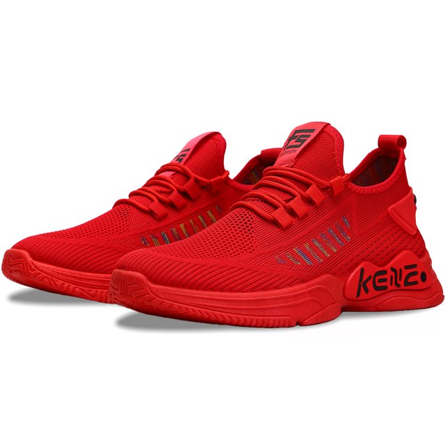 tenis hombre, zapatos hombre deportivos, zapatos de malla transpirable para hombre, zapatillas de deporte casuales de moda para entrenamiento caminar correr gimnasio Rojo Shendy Vendy — Vista frontal 3/4 de un par de tenis deportivos rojos; cuerpo de malla transpirable, cordones planos, lengüeta integrada y tira de talón. Suela de goma con patrón de tracción y panel lateral con detalle gráfico. Fondo blanco limpio; adecuados para caminar, correr y entrenamiento casual.