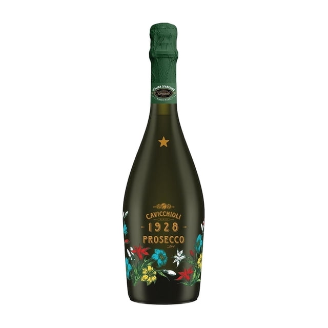 vino blanco cavicchioli prosecco 750 ml botella de frente, silueta cónica con cuello alargado y cápsula verde, etiqueta dorada "Cavicchioli 1928 Prosecco" y motivos florales coloridos en la base sobre vidrio oscuro brillante; aroma floral y burbuja muy fina, suele servirse como aperitivo y con mariscos.