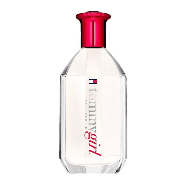 tommy girl forever agua de tocador 100 ml dama botella transparente de Tommy Hilfiger, vista frontal centrada con tapa rosa fucsia; frasco facetado de vidrio con etiqueta vertical que lee "tommy girl forever" y logotipo de la bandera. Fragancia floral frutal para mujeres con notas de salida de pera y zarzamora, corazón de peonía, iris y jazmín, y fondo de sándalo, cedro y ámbar. A menudo se usa como regalo de San Valentín.