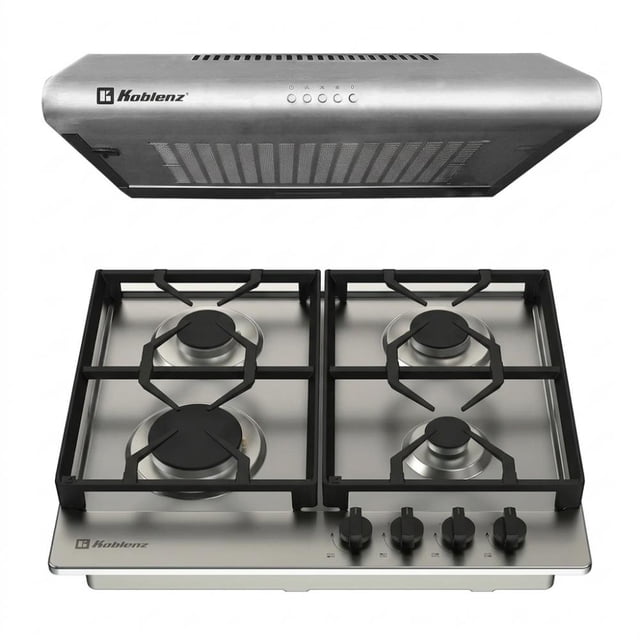 combo koblenz campana de gabinete cmk-60i + parrilla empotrable de acero pk-607 fi Campana de 60 cm en acero inoxidable con controles mecánicos frontales, filtro Easy Clean de malla metálica y luz LED; parrilla empotrable de 60 cm a gas con cubierta de acero inoxidable, 4 quemadores (1 jumbo, 2 estándar, 1 mini), encendido electrónico y 2 parrillas de hierro fundido, vista cenital con perillas frontales; también suele usarse para preparar parrilladas caseras de porciones pequeñas.