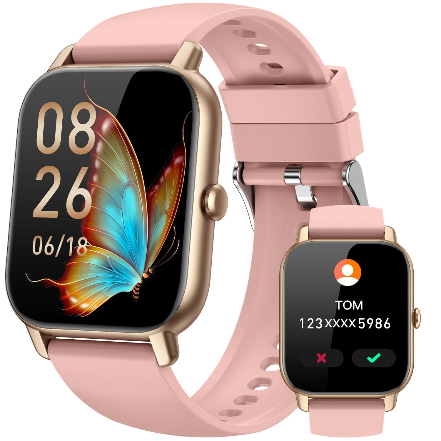Reloj inteligente Mindimp de 1,85" rosa con monitor de actividad y llamadas