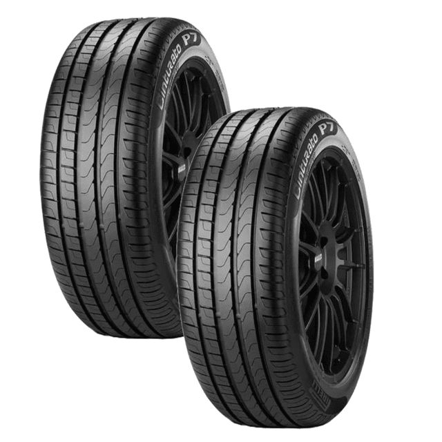 paquete de 2 llantas 205/55 r16 91v pirelli cinturato p7 91v, vista 3/4 frontal de dos llantas negras en rines oscuros; banda de rodamiento con canales longitudinales anchos y bloques de hombro visibles, flanco con texto Cinturato P7 legible y superficie de contacto amplia que sugiere desgaste uniforme; fondo blanco neutro. También son adecuadas para reemplazo de juego en sedanes y vehículos de desempeño medio.