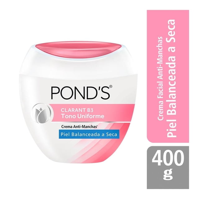 crema facial pond´s clarant b3 anti-manchas piel balanceada a seca 400 g, envase frontal blanco con tapa rosa, logo POND'S centrado, franja rosa con texto "CLARANT B3 Tono Uniforme" y etiqueta azul "Piel Balanceada a Seca", tarro de plástico para uso facial sobre fondo blanco; también suele usarse como base de maquillaje diaria.