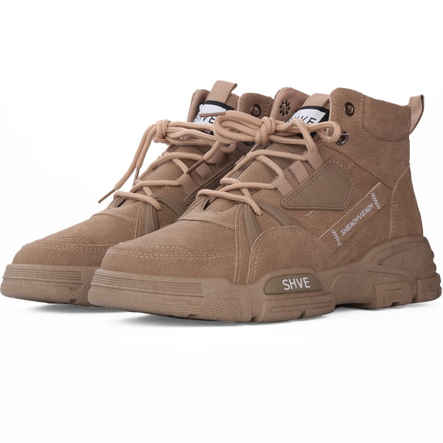 botas para hombre shendy vendy shuffle mid estilo urbano everest Beige — par de botas mid cut 3/4 frontal con cordones, empeine de malla transpirable y paneles de ante sintético, cuello acolchado en tobillo y suela gruesa antideslizante con dibujo de tracción; diseño liviano apto para caminar, correr o viajes.