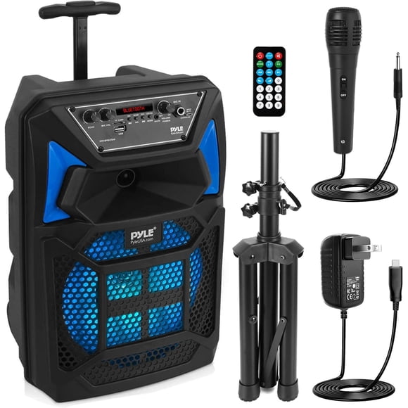 Bocina Portátil de 8 Pulgadas con Subwoofer, Bluetooth Pyle, 400 Watts, Batería Recargable, Karaoke, Luces LED, Micrófono, MP3, USB, Micro SD y Radio FM