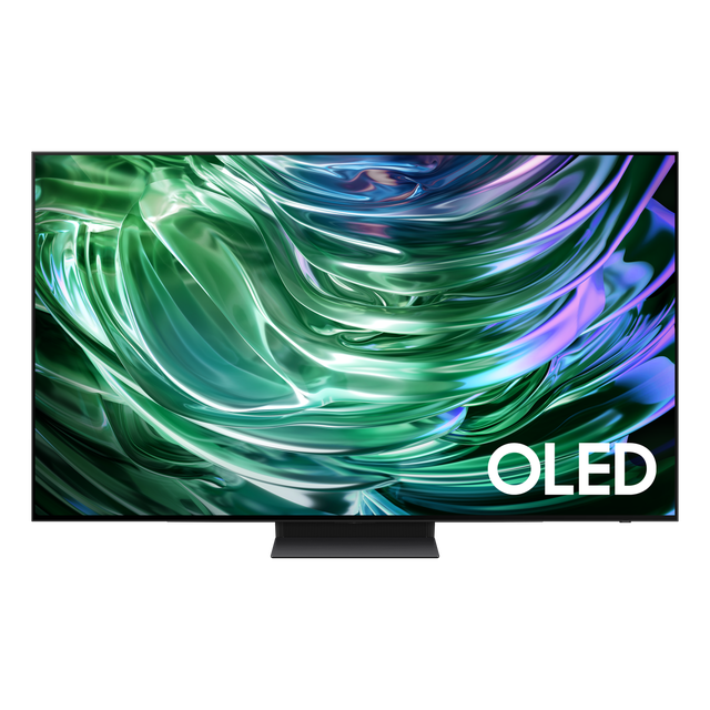 pantalla 77 pulgadas samsung oled 4k s90d nq4 ai gen2 5 en 1 negro Televisor OLED 77" frontal con marco minimalista y base central, pantalla encendida con gráficos verdes y morados y rótulo 'OLED'; especificado con procesador NQ4 AI Gen2, OLED HDR+, Real Depth Enhancer y modo EyeComfort; adecuado para configuraciones de home theater.