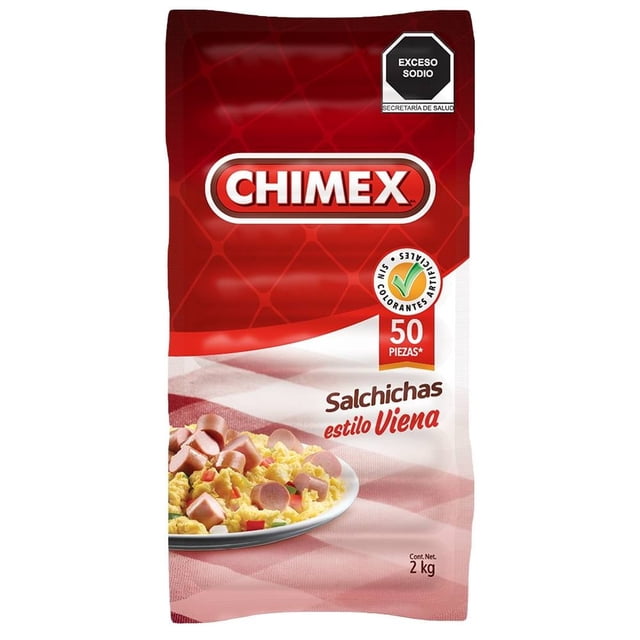 salchicha tipo viena chimex 1 paquete con 50 pzas 2 kg Empaque frontal rojo y blanco con logotipo CHIMEX, texto "Salchichas estilo Viena" y sello 50 piezas; bolsa muestra plato de huevos revueltos con salchicha en rodajas, peso 2 kg y advertencia de exceso de sodio. Ideal para desayuno, comidas o snacks familiares, a conveniencia para surtir la despensa.