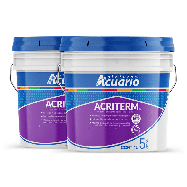 impermeabilizante acuario paquete de dos Dos cubetas blancas con tapa azul Acirterm, vista frontal 3/4; etiquetas moradas y azules con marca Acuario y texto que indica impermeabilizante elastomérico, poderosa resistencia a rayos ultravioleta y máxima protección contra lluvia, calor, filtraciones y humedad; color blanco, ideal para azoteas de concreto y muros.
